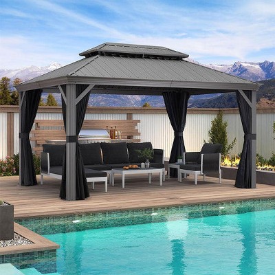 PURPLE LEAF Outdoor Gazebo Aluminum Frame Galvanized Steel Double Roof Patio Hardtop Gazebo with Curtains and Netting for Patio Lawn and Garden