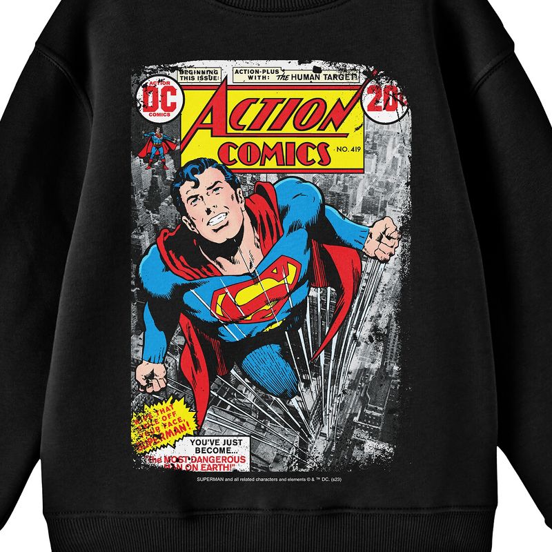 Superman Distressed Action Comics Cover No. 419 Crew Neck Long Sleeve Black Youth Tee, 2 of 3