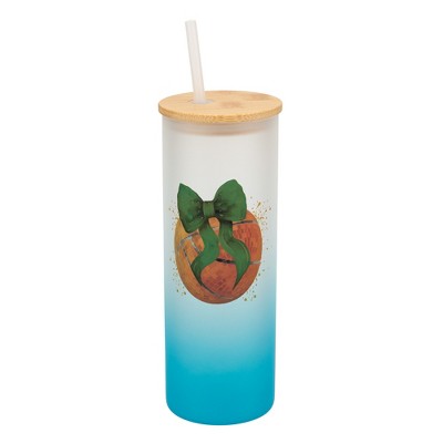Elanze Designs 25 Ounce Frosted Glass Gradient Travel Tumbler With Straw and Wooden Lid, Basketball With Green Bows Sky Blue