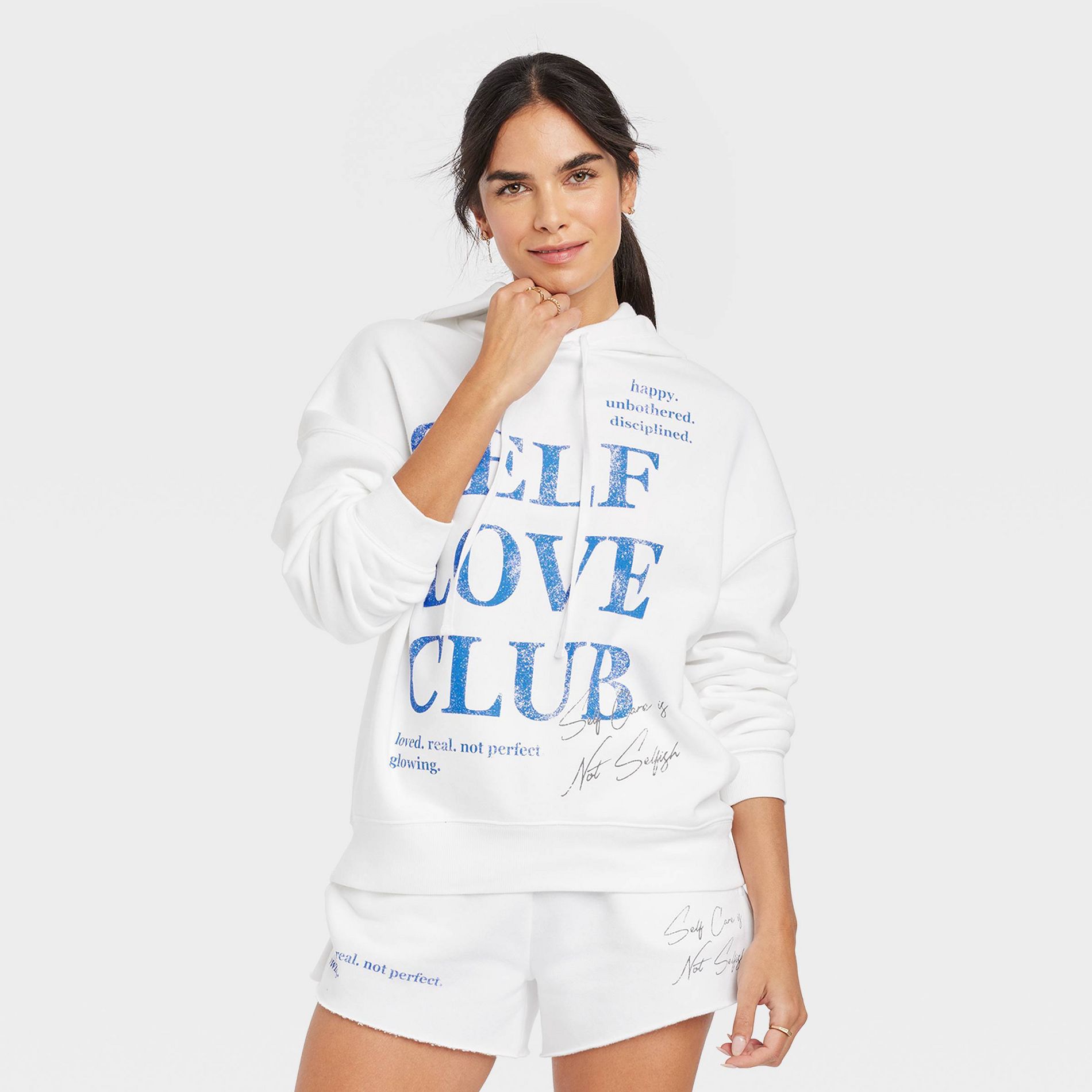 Women's Self Love Club Graphic Hoodie Sweatshirt - White