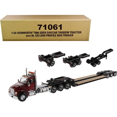 Kenworth T880 SBFA Day Cab Tandem Tractor w/XL 120 Low-Profile HDG Trailer with 2 Boosters and Jeep Red & Black 1/50 Diecast Model by Diecast Masters