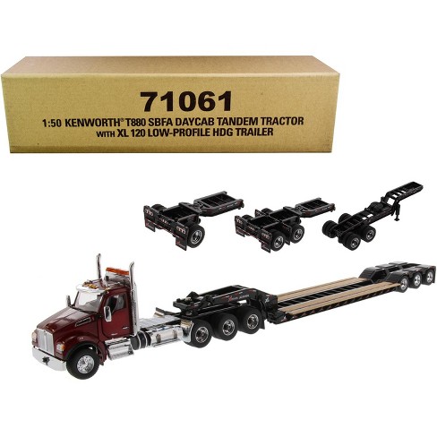 Kenworth T880 SBFA Day Cab Tandem Tractor w/XL 120 Low-Profile HDG Trailer  with 2 Boosters and Jeep Red & Black 1/50 Diecast Model by Diecast Masters