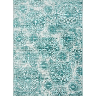 Turquoise and White Synthetic Bohemian Area Rug