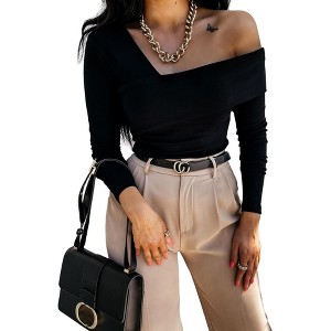 Long Sleeve T-Shirt for Women Sexy One-Shoulder Slim Fit Casual Tops - 1 of 3