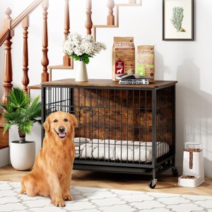 homfan 38.6 Inch Large Double-Door Dog House with Pull-Out Tray & Wheels - 1 of 4