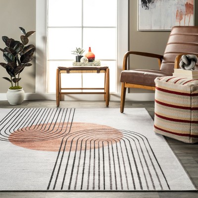 Burnt Orange Abstract Square Synthetic Washable Rug