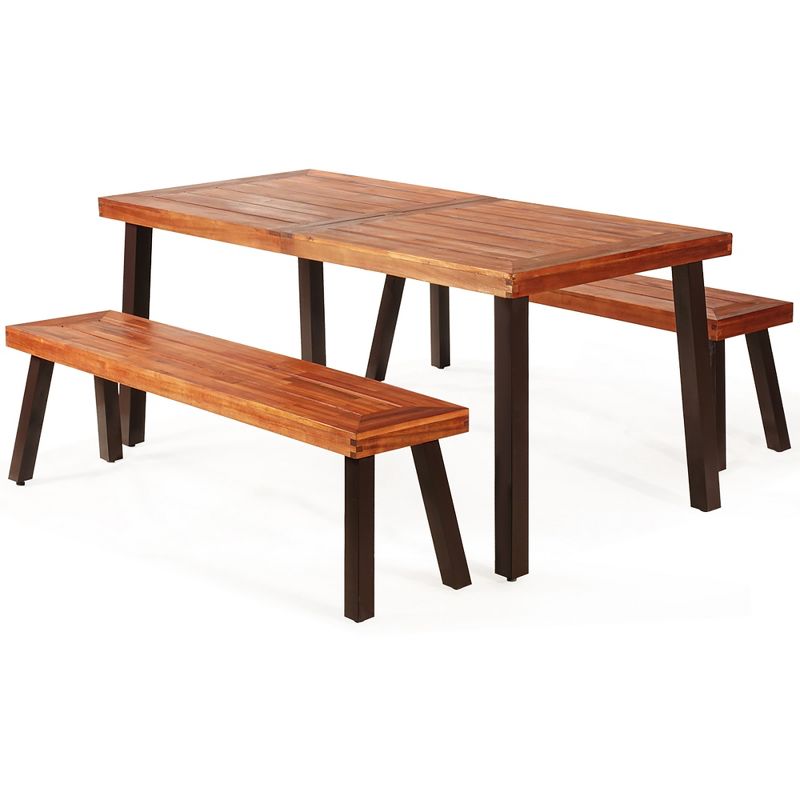 Costway 3 Pieces Picnic Table Set Acacia Wood Table Bench with Steel Legs Outdoor Patio, 2 of 11