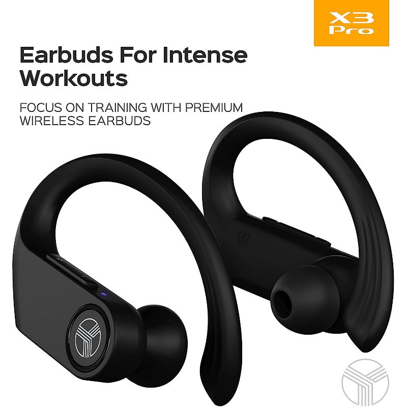 Treblab X3 Pro True Wireless Sports Earbuds with Earhooks, Bluetooth 5.0 with aptX, IPX7 Waterproof with Charging case - Black, White Logo (X3-PRO-W), 2 of 10