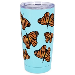 Elanze Designs 20 oz Stainless Steel On the Go Insulated Travel Tumbler With Push Top Lid, Vibrant Orange Monarch Butterfly Pattern Sky Blue - 1 of 4