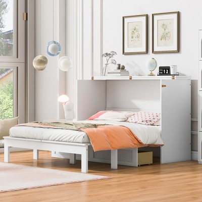 Queen/Full Size Murphy Bed Wall Bed, Modern Wood Cabinet Bed with Drawer and Sockets & USB Ports -ModernLuxe