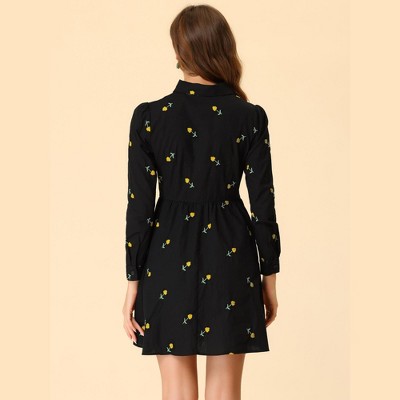 Женские платья INSPIRE CHIC Women's Casual Long Sleeve Half Placket Embroidered Floral Mini Shirt Dress Large Black — фото 4