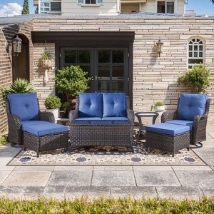 Gymojoy 7 Piece Outdoor Wicker Loveseat Sofa with Patio Swivel Glider Chairs with Coffee Table and Ottoman Sets - 1 of 4