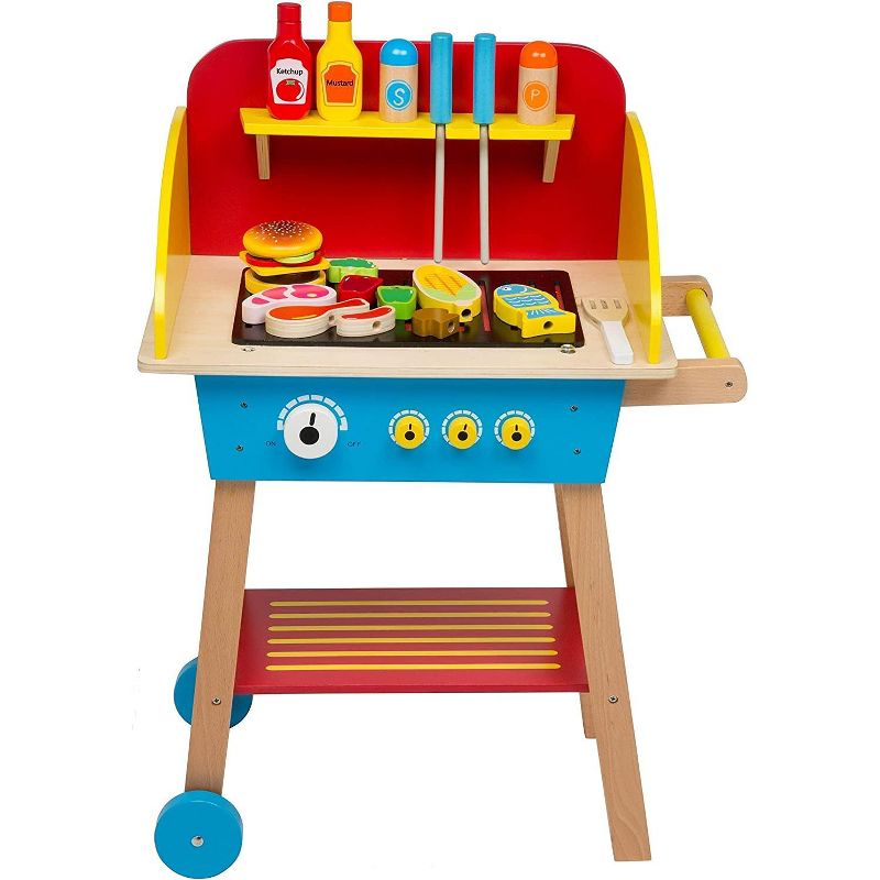 Swan Cook 'N Grill Wood Toy BBQ Set - Includes Pretend Play Wooden Barbeque Food and Barbecue Grilling Tools for Boys and Girls, 1 of 4