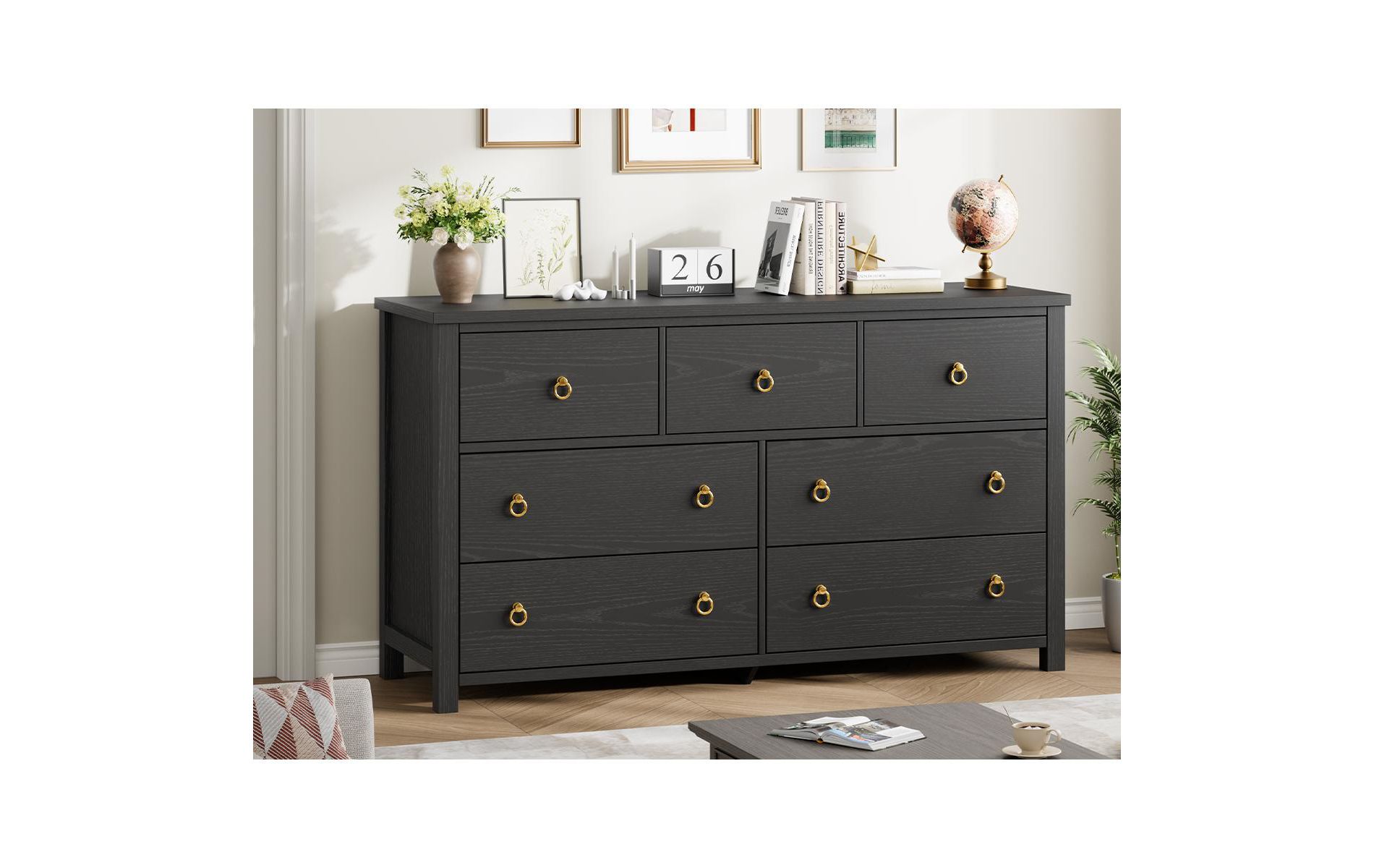 7 Drawer Dresser for Bedroom, 54'' Wide Dresser, Chest of Drawers, Wooden Dresser Chest with Clothes Storage Cabinet, Drawer Organizer, Black