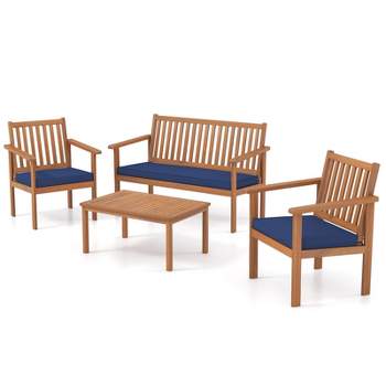 Tangkula 4PCS Wood Furniture Set w/ Loveseat 2 Chairs & Coffee Table for Porch Patio Navy