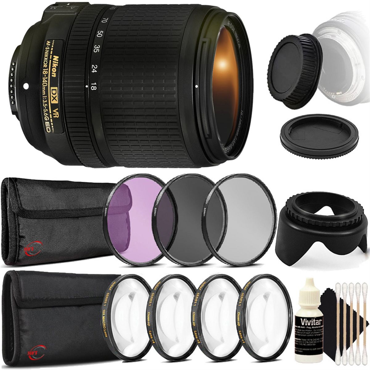 Nikon AF-S DX NIKKOR 18-140mm f/3.5-5.6G ED VR Lens + 67mm Filter + Macro Kit + Tulip Hood + Cap Kit