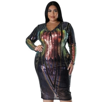 Slickblue Plus Size Women's Multicolor Sequin Dress, V-Cut Neckline, Long Sleeves, Zipper Back, Size 1XL-3XL