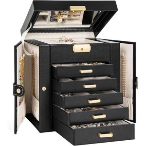 Leather Jewelry Box with Mirror & Lock, 3-Tier Organizer with 2 Drawers for Necklaces & Bracelets - 1 of 4