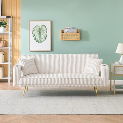 SKRAN 74” Corduroy Sofa, 2 Seater Fabric Sofa with Deep Seat, Adjustable Backrest and Cup Holder, Gold Metal Legs for Living Room, Bedroom