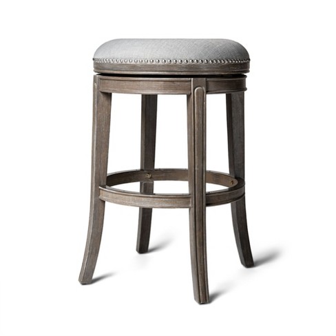 Maven Lane Alexander Backless Bar Stool in Reclaimed Oak Finish with Ash Grey Fabric Upholstery