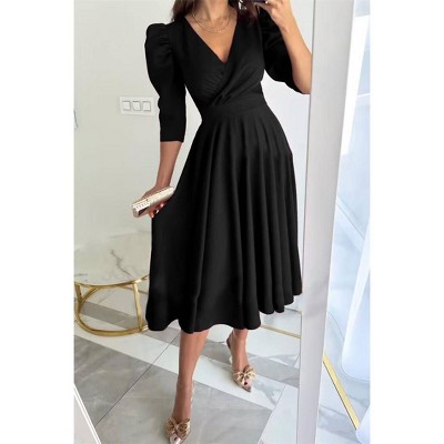 Women's V Neck Dress Princess Sleeve Wrap Elegant A-Line Midi Dress