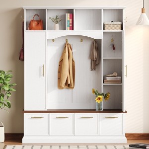 PAGED Wood Hall Tree with 5 Hooks, Farmhouse Coat Rack with Shoe Bench and Storage Shelves, Entryway Shoe Storage for Mudroom, Living Room - 1 of 4