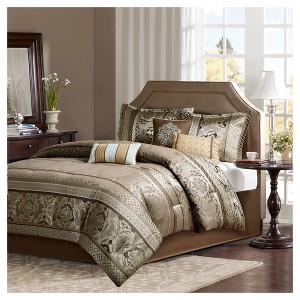 Mirage 7 Piece Polyester Jacquard Comforter Bedding Set with Bedskirt, Size: KING, Brown/Gold