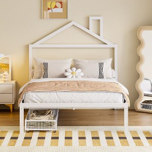 Full-Size Platform Bed - Metal Frame, Dual Drawers, Architectural House Headboard - 1 of 4