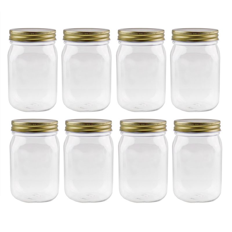 Cornucopia Brands 16oz Plastic Mason Jars 8pk, Clear/Gold; Mason Jar Style w/ Metal Lids, Pint Size, Compatible w/ Regular Mason Jar Lids, 1 of 9