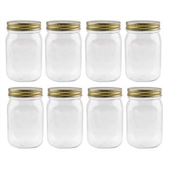 Cornucopia Brands- 16oz Plastic Mason Style Jars with Gold Metal Lids, Clear 8pk BPA-Free