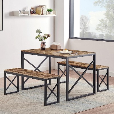 Table with Benches, Dining Table Benches Set for 4, Rectangular Kitchen Table Set with Sturdy Metal Frame, for Kitchen, Dining Room, Apartment