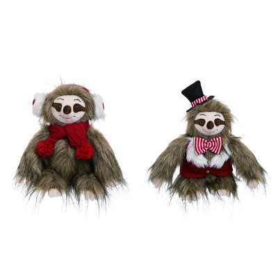 Transpac Fabric 13 in. Brown Christmas Plush Sitting Sloth Set of 2