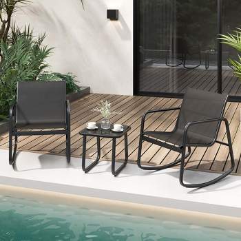 Costway 3 Piece Patio Rocking Set 2 Rocking Bistro Chairs & Glass-Top Table for Porch