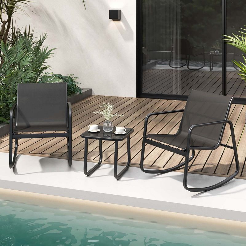 Costway 3 Piece Patio Rocking Set 2 Rocking Bistro Chairs & Glass-Top Table for Porch, 1 of 11