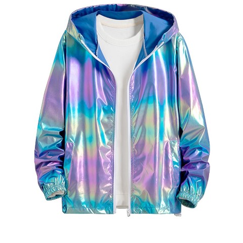 Мужские куртки INSPIRE CHIC Metallic Lightweight Zip Up Holographic Hooded Jackets XX Large Blue Purple, цвет: Синий