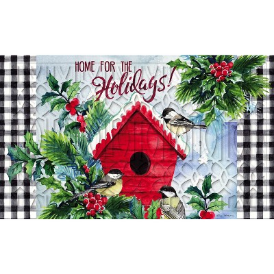 Evergreen Chickadees Holiday Birdhouse Embossed Floor Mat