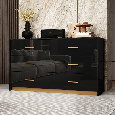 FUFU&GAGA BLack High Gloss Mirrored Chest with 6 Drawers Modern Cabinet