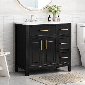 FAMYYT 36 in. Single Sink Freestanding Black Bath Vanity with White Ceramic Top, 3 Drawers - 1 of 4