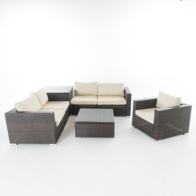 GDFStudio Avianna Outdoor Wicker 4 Seater Sectional Sofa and Club Chair Chat Set with Storage Ottoman, Multibrown/Beige