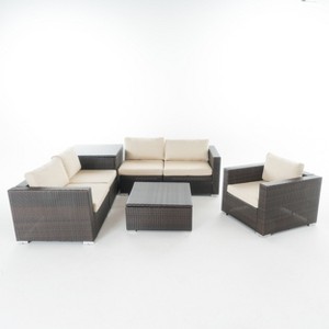 GDFStudio Avianna Outdoor Wicker 4 Seater Sectional Sofa and Club Chair Chat Set with Storage Ottoman, Multibrown/Beige - 1 of 4