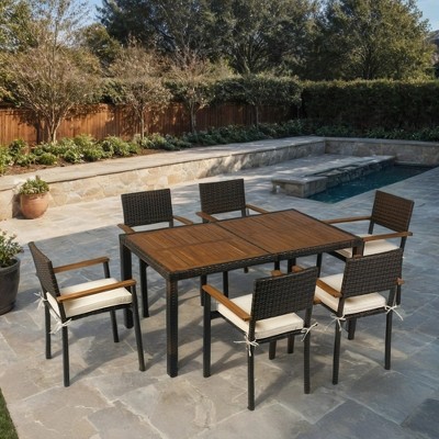 VisioGear Patio Seating Sets, 7 Pieces Patio Seating Sets with Wood Table Top, Outdoor Space Saving Chairs, Brown & Beige, 59"*35.4"*29.1"
