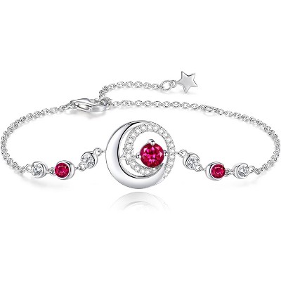 Moon & Star Birthstone Bangle, Sterling Silver Adjustable Charm Bracelet, Birthday Anniversary Christmas Gift for Women
