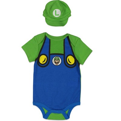 Image of SUPER MARIO Nintendo Luigi Infant Baby Boys Cosplay Bodysuit and Hat Set Green 12 Months