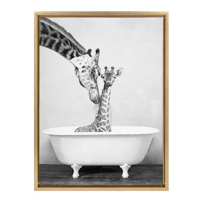 Gold Framed Giraffe in Tub Canvas Print, 27x22