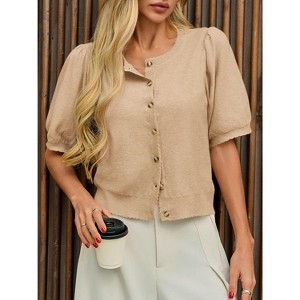 Womens Puff Short Sleeve Cardigan Lightweight Summer Button Down Shirts Knit Crew Neck Sweater Tops - 1 of 2