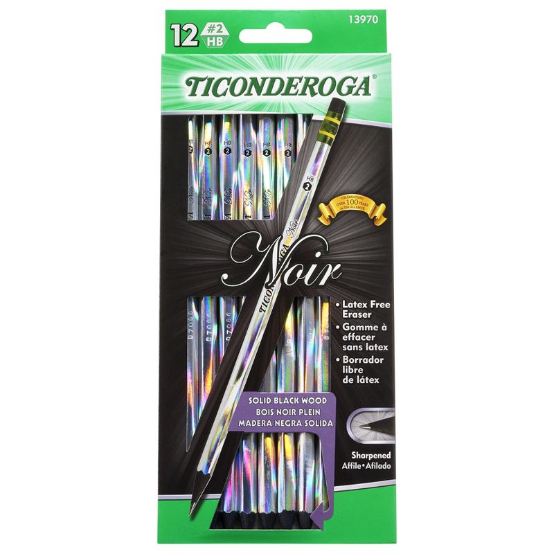 Ticonderoga® Noir Pencils, Holographic Foil on Black Wood, #2 Soft, Presharpened, 12 Per Pack, 3 Packs, 3 of 7