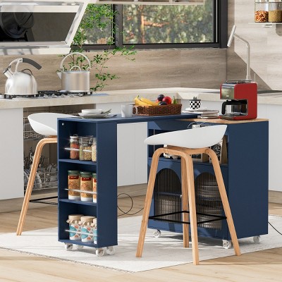 Rolling Kitchen Island With Extended Table,Kitchen Island on Wheels with LED Light,Power Outlets and 2 Fluted Glass Doors with 3 Shelves-Maison Boucle