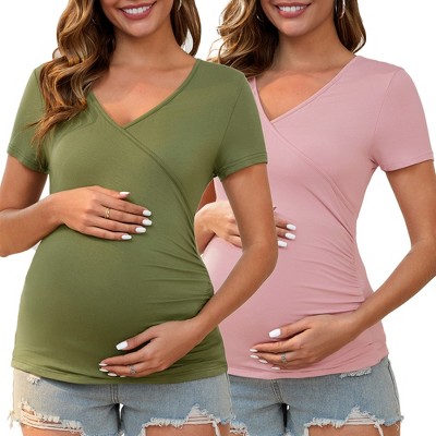 INSPIRE CHIC 2 Pcs Women's Soft Material Faux Wrap Side Ruched Cross V Neck Maternity Top