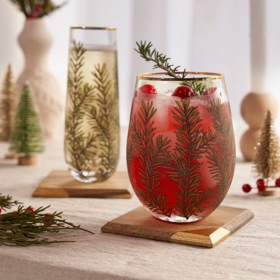 Winter Woodland Stemless Wine Glasses with Gold Rim, 16oz, Set of 2
