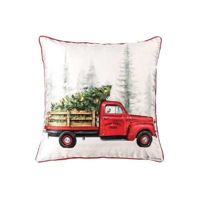C&F Home 18" x 18" Holiday Red Cruiser Truck w/ Christmas Tree Lights Accent Throw Pillow